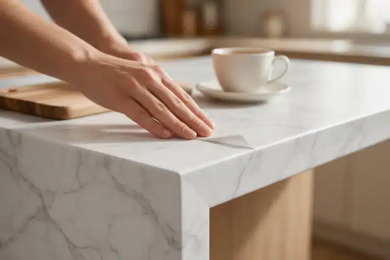 Plan de travail recouvert d'un adhésif effet marbre