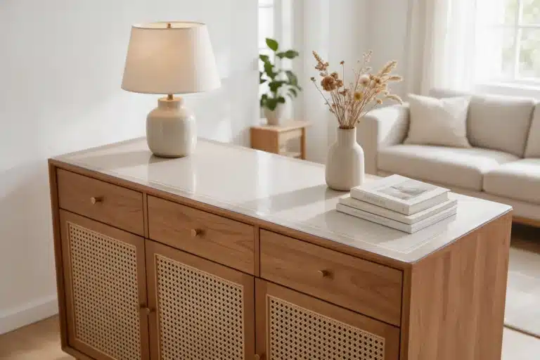 Buffet protégé par un dessus de meuble décoratif