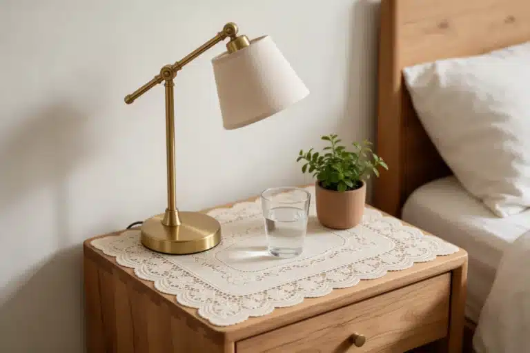Table de chevet protégée par un dessus de meuble effet dentelle