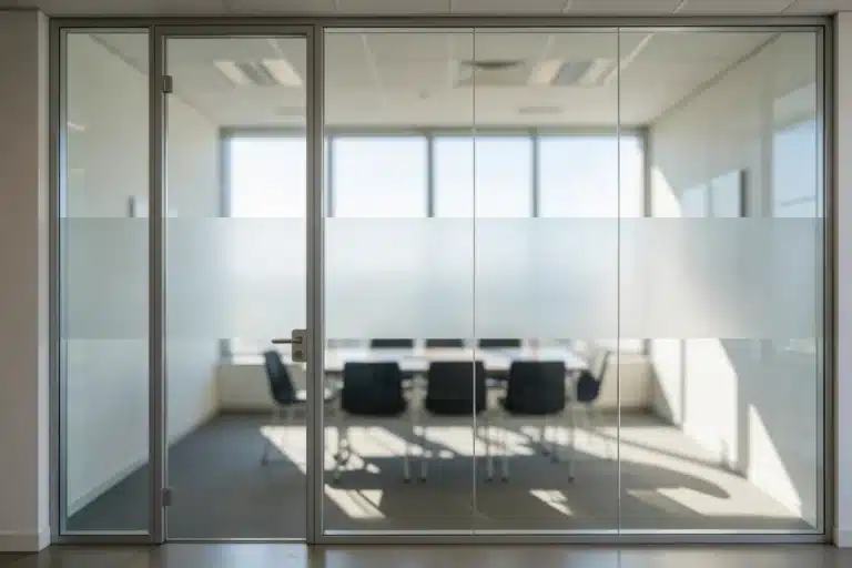 Cloison vitrée de bureau avec une bande de film d'intimité