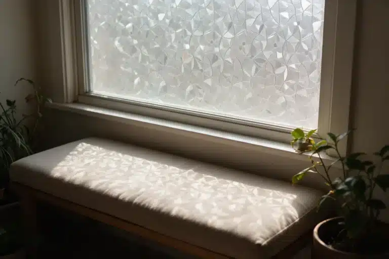 Fenêtre habillée d'un film vitrage dépoli à motif géométrique