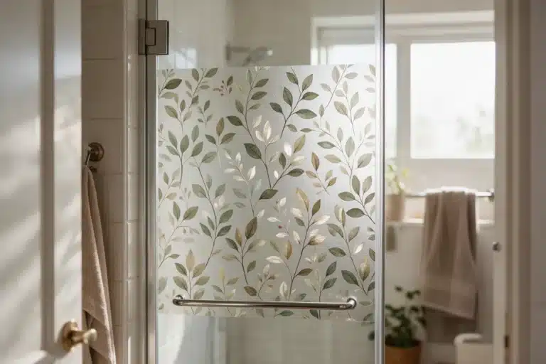 Porte de douche vitrée décorée d'un film dépoli à motif feuillage
