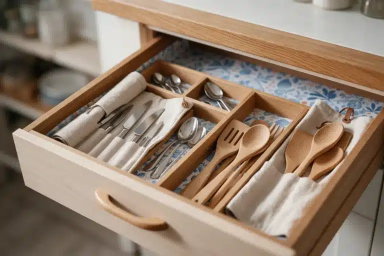Tiroir de cuisine garni d'un fond de tiroir à motifs