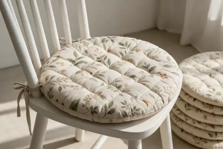Galette de chaise ronde à motif fleuri nouée sur une chaise blanche