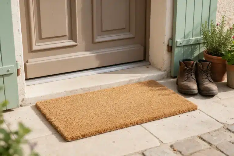 Paillasson en fibre de coco devant une porte d'entrée