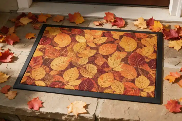 Paillasson imprimé motif feuilles d'automne sur un perron