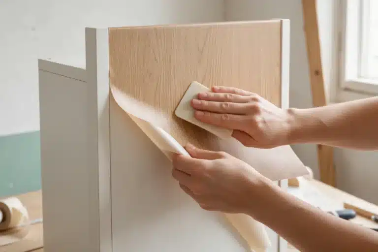Pose d'un papier adhésif effet bois sur une porte de meuble