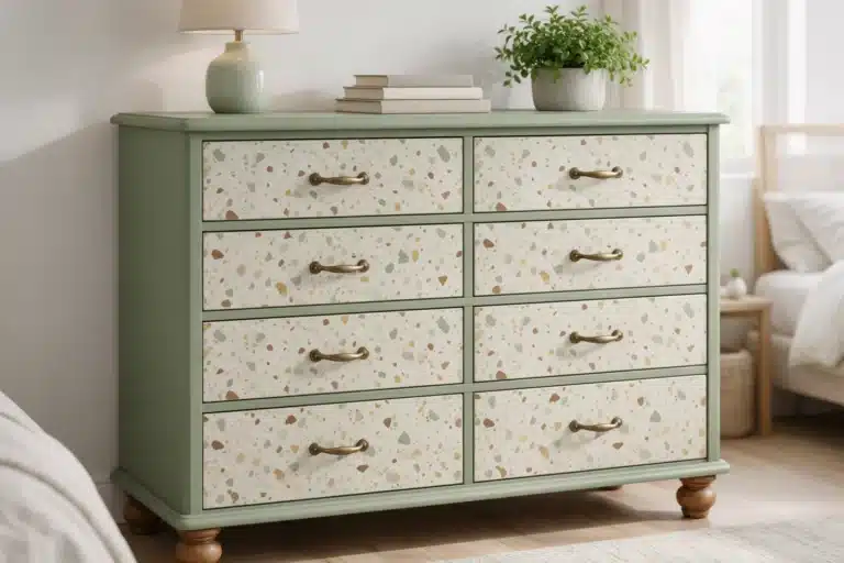 Commode rénovée avec un revêtement adhésif effet terrazzo