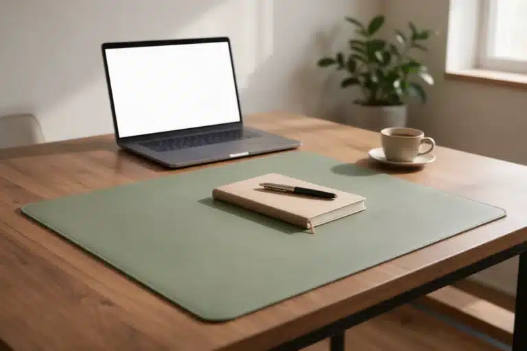 Sous-main vert sauge sur un bureau en bois