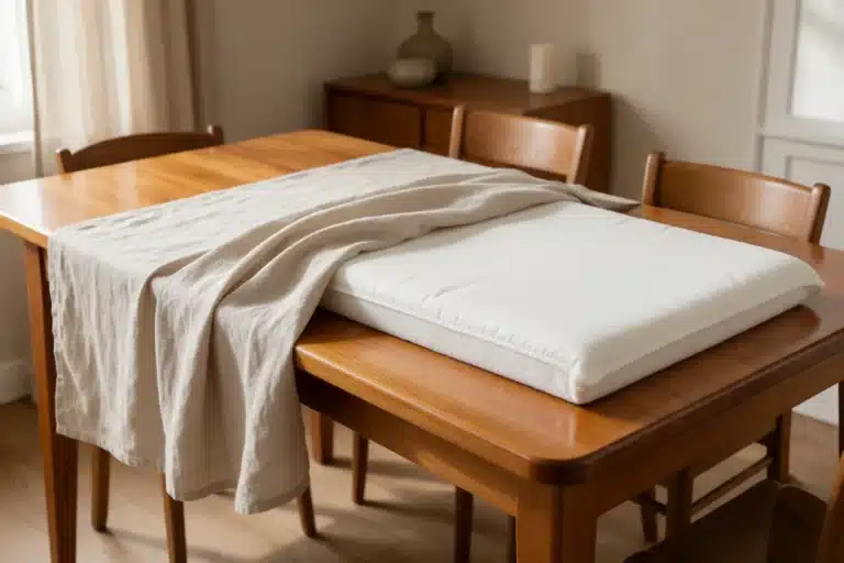Protège-table molletonné posé sur une table en bois sous une nappe