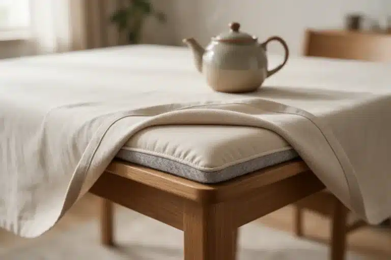 Bord d'un protège-table matelassé sous une nappe, théière posée dessus
