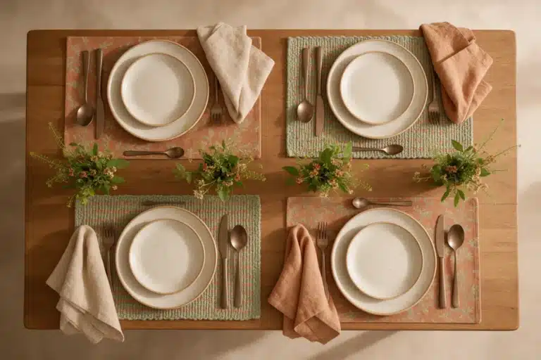 Table dressée avec des sets de table tissés et imprimés