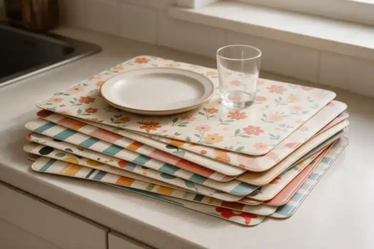 Pile de sets de table en vinyle à motifs sur un plan de travail