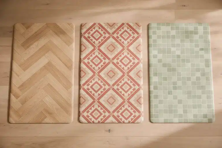 Trois tapis de cuisine en vinyle à motifs différents