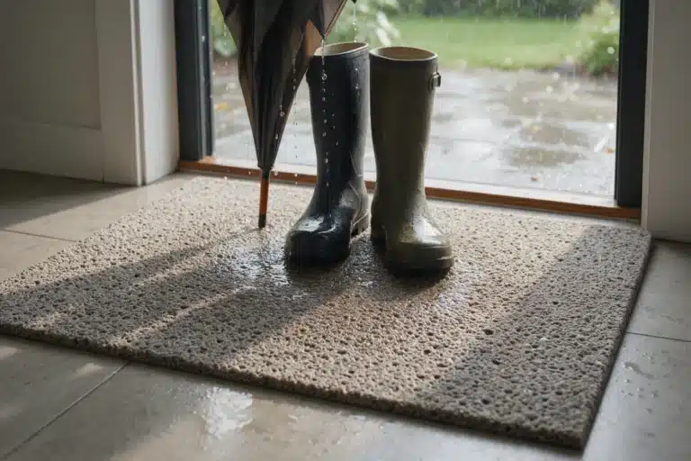 Tapis absorbant d'entrée sous des bottes mouillées