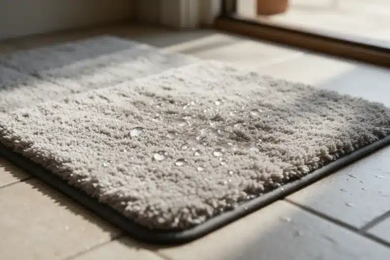 Gouttes d'eau absorbées par un tapis d'eau microfibre