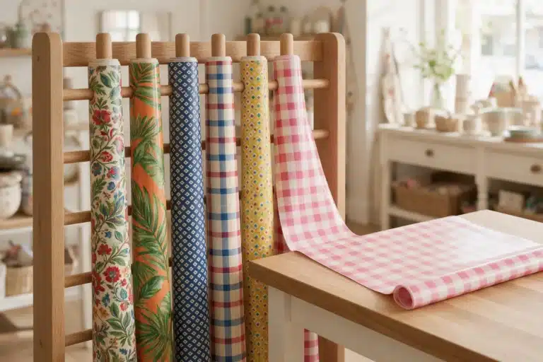 Rouleaux de toiles cirées à motifs chez un revendeur du grossiste linge de maison CPM Tendances