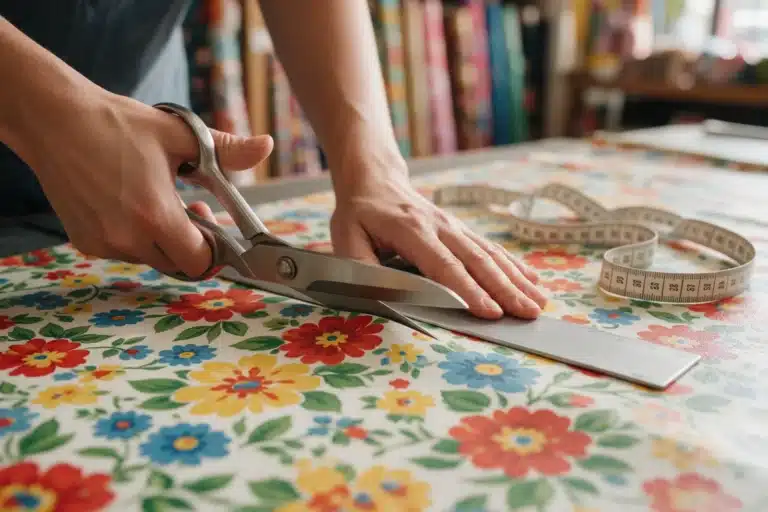 Découpe d'une toile cirée fleurie aux ciseaux sur une table de coupe