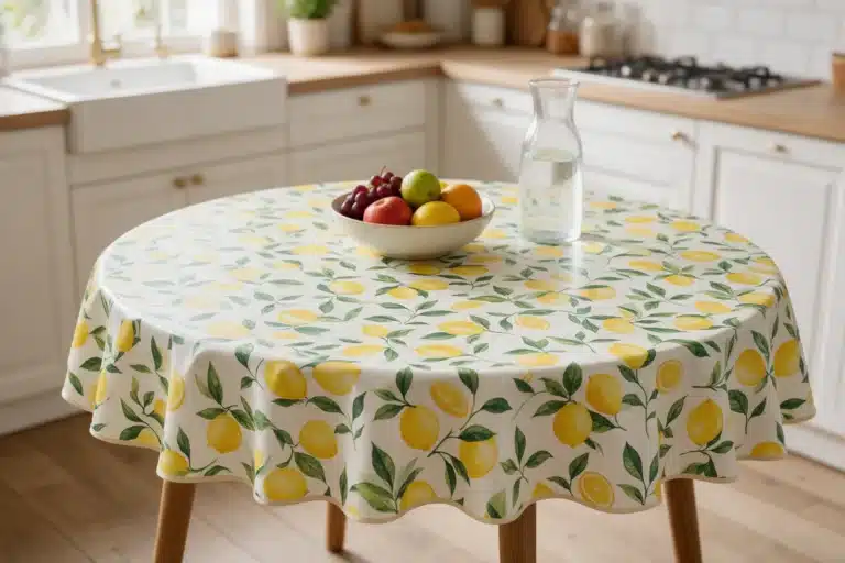 Table ronde de cuisine habillée d'une nappe en toile cirée motif citrons