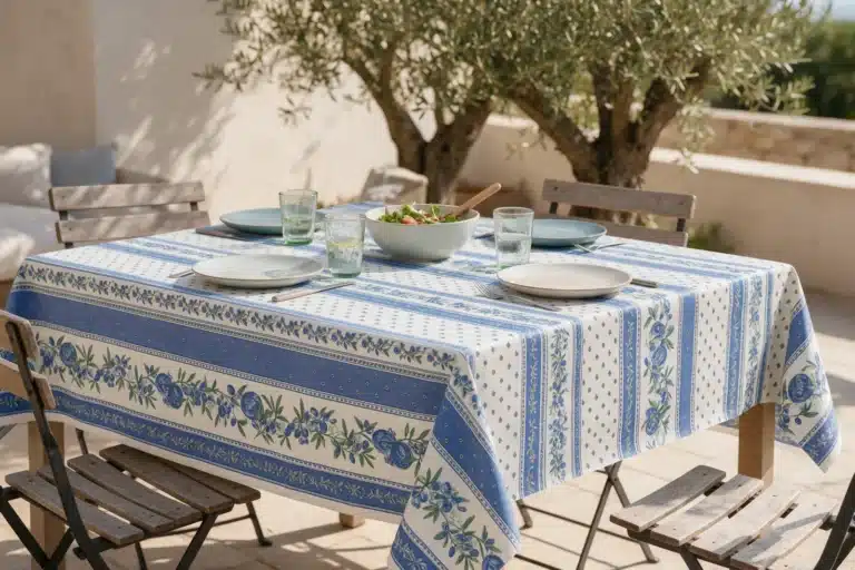 Table de jardin habillée d'une nappe en toile cirée bleue provençale