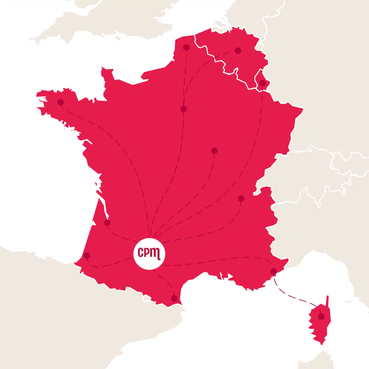 Carte de la zone de distribution de CPM Tendances en France, Belgique et Luxembourg