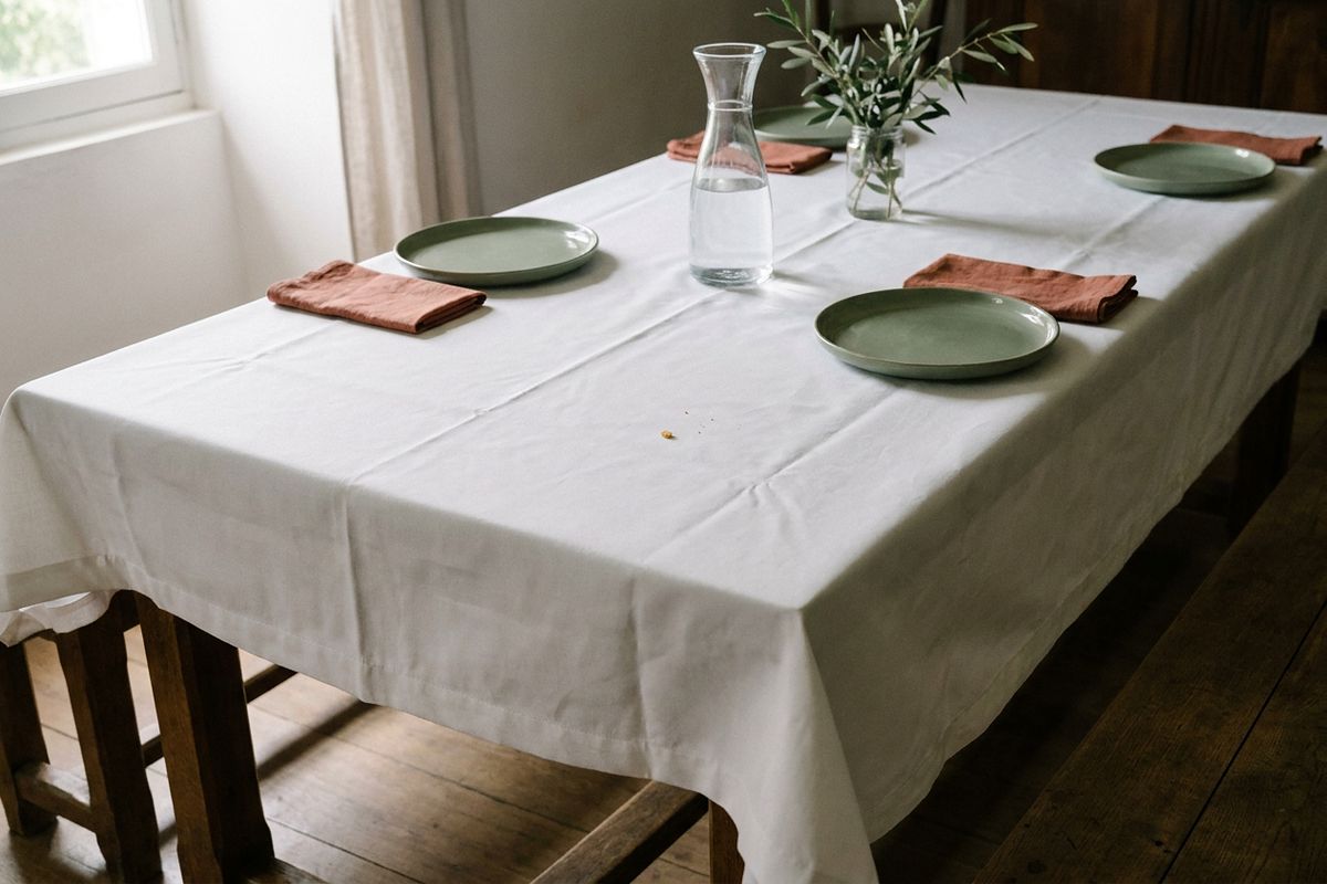 Nappe blanche unie sur une grande table avec carafe, branches d'olivier et vaisselle colorée