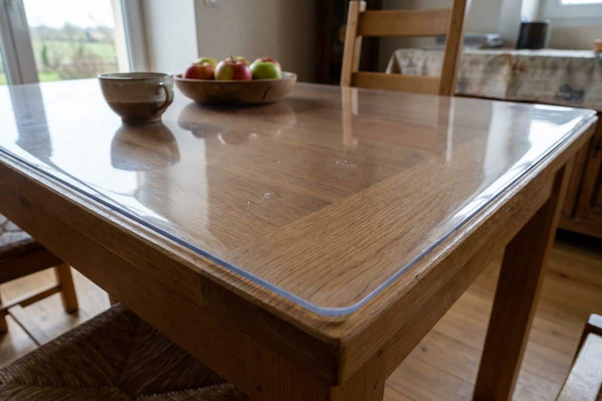 Bord d'une nappe épaisse en PVC transparent sur un plateau en bois